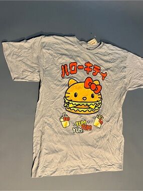 Hello Kitty Light Blue Tee with Yellow & Orange Burger Graphic